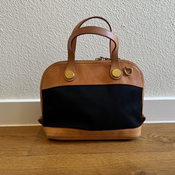 Vintage Dooney Bourke Cabriolet Black Canvas Brown Leather Domed Satchel Purse - Picture 1 of 8